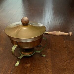 Vintage Brass Chafing Set, Copper with a Wooden Handle, Mid Century Modern